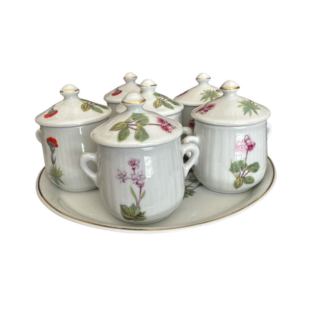 Louis Lourioux France Set of 6 Pots de Creme on Matching Plate